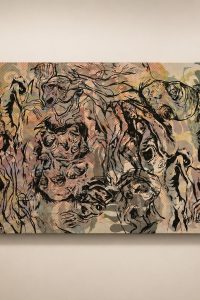 Large multi-layer silkscreen painting on canvas titled Fragments of Existence featuring abstract figures and muted earth tones from RockFort Lebanon.