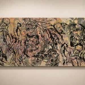 Large multi-layer silkscreen painting on canvas titled Fragments of Existence featuring abstract figures and muted earth tones from RockFort Lebanon.