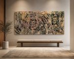 Large multi-layer silkscreen painting on canvas titled Fragments of Existence featuring abstract figures and muted earth tones from RockFort Lebanon.