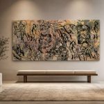 Large multi-layer silkscreen painting on canvas titled Fragments of Existence featuring abstract figures and muted earth tones from RockFort Lebanon.
