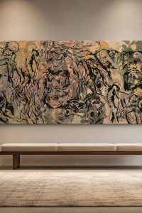 Large multi-layer silkscreen painting on canvas titled Fragments of Existence featuring abstract figures and muted earth tones from RockFort Lebanon.