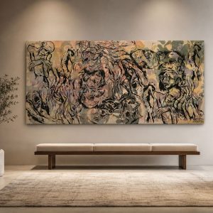 Large multi-layer silkscreen painting on canvas titled Fragments of Existence featuring abstract figures and muted earth tones from RockFort Lebanon.