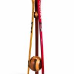 Sustainable repurposed ski coat hanger standing on a handcrafted solid wood base with a matching wooden top joint from RockFort boutique in Lebanon.