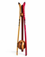 Sustainable repurposed ski coat hanger standing on a handcrafted solid wood base with a matching wooden top joint from RockFort boutique in Lebanon.