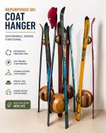 Sustainable repurposed ski coat hanger standing on a handcrafted solid wood base with a matching wooden top joint from RockFort boutique in Lebanon.