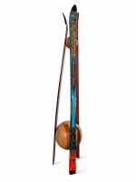 Sustainable repurposed ski coat hanger standing on a handcrafted solid wood base with a matching wooden top joint from RockFort boutique in Lebanon.