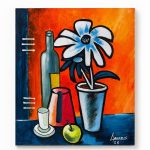 Duo of original modern cubist acrylic paintings by Lebanese artist Claude Khalil featuring inverted palettes of blue, orange, and deep teal from RockFort Lebanon.