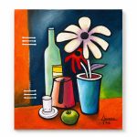 Duo of original modern cubist acrylic paintings by Lebanese artist Claude Khalil featuring inverted palettes of blue, orange, and deep teal from RockFort Lebanon.