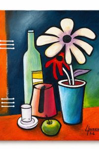 Duo of original modern cubist acrylic paintings by Lebanese artist Claude Khalil featuring inverted palettes of blue, orange, and deep teal from RockFort Lebanon.