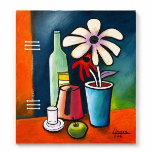 Duo of original modern cubist acrylic paintings by Lebanese artist Claude Khalil featuring inverted palettes of blue, orange, and deep teal from RockFort Lebanon.