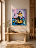 Original modern expressionist acrylic painting on canvas by Lebanese artist Claude Khalil featuring bold black lines and vibrant yellow and blue still life forms from RockFort Lebanon.
