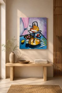 Original modern expressionist acrylic painting on canvas by Lebanese artist Claude Khalil featuring bold black lines and vibrant yellow and blue still life forms from RockFort Lebanon.