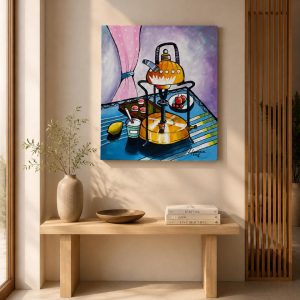 Original modern expressionist acrylic painting on canvas by Lebanese artist Claude Khalil featuring bold black lines and vibrant yellow and blue still life forms from RockFort Lebanon.