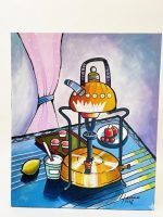 Original modern expressionist acrylic painting on canvas by Lebanese artist Claude Khalil featuring bold black lines and vibrant yellow and blue still life forms from RockFort Lebanon.