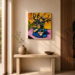 Original modern expressionist acrylic painting on canvas by Lebanese artist Claude Khalil featuring bold black lines and vibrant yellow and blue still life forms from RockFort Lebanon.