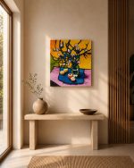 Original modern expressionist acrylic painting on canvas by Lebanese artist Claude Khalil featuring bold black lines and vibrant yellow and blue still life forms from RockFort Lebanon.