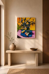Original modern expressionist acrylic painting on canvas by Lebanese artist Claude Khalil featuring bold black lines and vibrant yellow and blue still life forms from RockFort Lebanon.