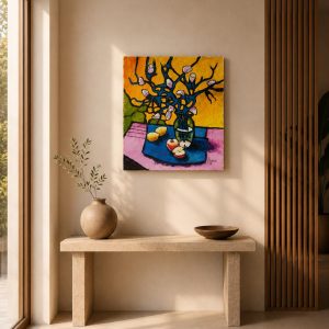 Original modern expressionist acrylic painting on canvas by Lebanese artist Claude Khalil featuring bold black lines and vibrant yellow and blue still life forms from RockFort Lebanon.