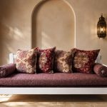 Traditional Moroccan style 3-seater wooden sofa with a solid white frame and patterned boho fabric upholstery from RockFort furniture store in Lebanon.