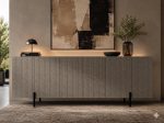 Modern linear ribbed sideboard in light charcoal grey featuring a vertical fluted exterior and matte black solid wood legs from RockFort Lebanon.