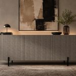 Modern linear ribbed sideboard in light charcoal grey featuring a vertical fluted exterior and matte black solid wood legs from RockFort Lebanon.