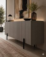 Modern linear ribbed sideboard in light charcoal grey featuring a vertical fluted exterior and matte black solid wood legs from RockFort Lebanon.