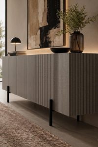 Modern linear ribbed sideboard in light charcoal grey featuring a vertical fluted exterior and matte black solid wood legs from RockFort Lebanon.