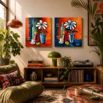 Duo of original modern cubist acrylic paintings by Lebanese artist Claude Khalil featuring inverted palettes of blue, orange, and deep teal from RockFort Lebanon.