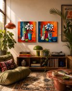 Duo of original modern cubist acrylic paintings by Lebanese artist Claude Khalil featuring inverted palettes of blue, orange, and deep teal from RockFort Lebanon.
