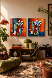 Duo of original modern cubist acrylic paintings by Lebanese artist Claude Khalil featuring inverted palettes of blue, orange, and deep teal from RockFort Lebanon.