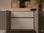 Modern linear ribbed sideboard in light charcoal grey featuring a vertical fluted exterior and matte black solid wood legs from RockFort Lebanon.