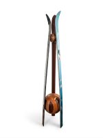 Sustainable repurposed ski coat hanger standing on a handcrafted solid wood base with a matching wooden top joint from RockFort boutique in Lebanon.