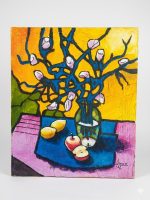 Original modern expressionist acrylic painting on canvas by Lebanese artist Claude Khalil featuring bold black lines and vibrant yellow and blue still life forms from RockFort Lebanon.