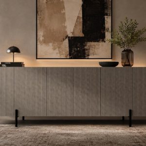 Modern linear ribbed sideboard in light charcoal grey featuring a vertical fluted exterior and matte black solid wood legs from RockFort Lebanon.