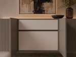 Modern linear ribbed sideboard in light charcoal grey featuring a vertical fluted exterior and matte black solid wood legs from RockFort Lebanon.