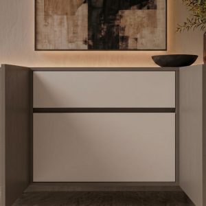 Modern linear ribbed sideboard in light charcoal grey featuring a vertical fluted exterior and matte black solid wood legs from RockFort Lebanon.