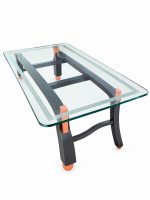 Contemporary architectural glass coffee table with a frosted border glass top, charcoal grey frame and salmon orange corner joints from RockFort Lebanon.