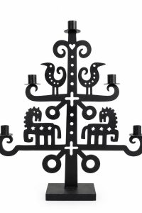 Bengt and Lotta Wild Horse Candelabra in black wrought iron with folk-art horses, birds, hearts and five candle cups from RockFort Lebanon.