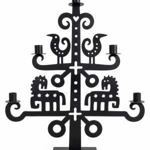 Bengt and Lotta Wild Horse Candelabra in black wrought iron with folk-art horses, birds, hearts and five candle cups from RockFort Lebanon.