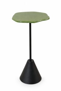 Tall light green textured glass cocktail table on a black anthracite steel cone base from RockFort Lebanon.
