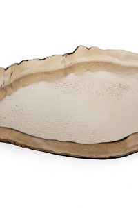 Large brown freeform art glass tray with a fluid wavy rim and speckled colour inclusions from RockFort Lebanon.