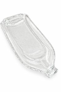 Clear upcycled melted wine bottle tray with a flattened neck and bubbled glass edges from RockFort Lebanon.