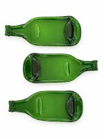 Three green melted beer bottle trays, upcycled glass art made in Lebanon from RockFort Lebanon.
