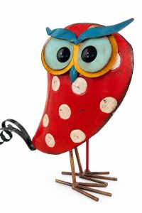 Handmade metal owl figurine painted red with cream polka dots, big turquoise and yellow eyes and a curly wire tail from RockFort Lebanon.