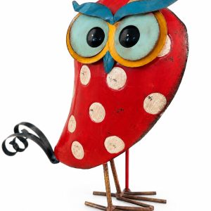 Handmade metal owl figurine painted red with cream polka dots, big turquoise and yellow eyes and a curly wire tail from RockFort Lebanon.