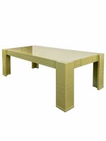 Olive green solid wood rectangular coffee table with thick block legs and horizontal grooved line details from RockFort Lebanon.