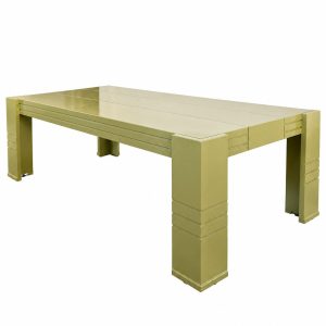 Olive green solid wood rectangular coffee table with thick block legs and horizontal grooved line details from RockFort Lebanon.