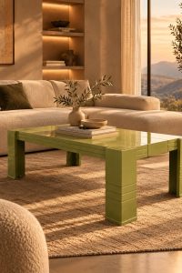 Olive green solid wood coffee table styled in a warm living room with a cream sofa and natural rug from RockFort Lebanon.