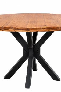 130 cm round solid beech wood dining table with a rustic natural top and matte black starburst cross-leg base from RockFort Lebanon.