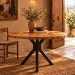 Round solid beech wood dining table with matte black base styled in a rustic Mediterranean dining room from RockFort Lebanon.